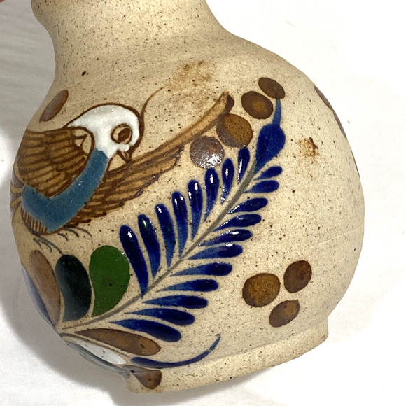 Tonala Mexican pottery bud vase stoneware bird feathers brown cobalt signed - Picture 8 of 8